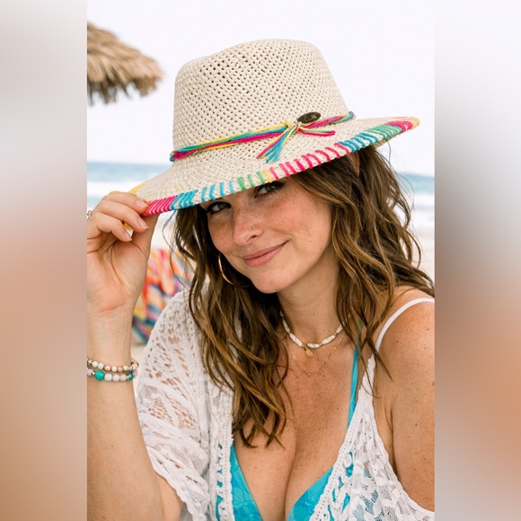 C.C Accessories - C.C New York UPF 50+ Panama Sun Hat Rainbow Stitched Brim Beach Resort Festival